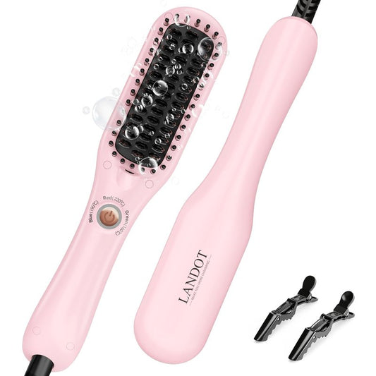 LANDOT Mini Hair Straightening Brush – Portable Heated Ionic Straightener Brush for Short to Medium Hair, 30s Fast Heat, Lightweight Hot Comb for Travel, Blush Pink