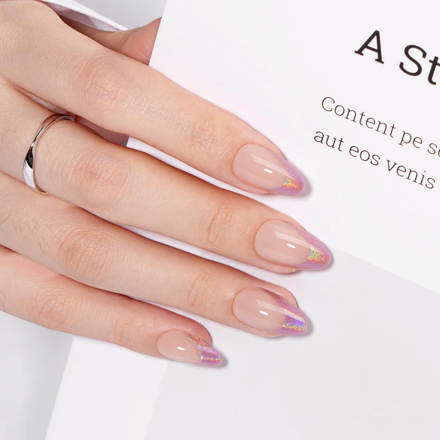 VSALON Short Almond Press on Nails Holographic French Rose Pink Cat Eye