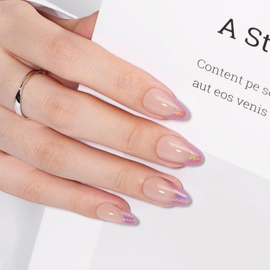 VSALON Short Almond Press on Nails Holographic French Rose Pink Cat Eye