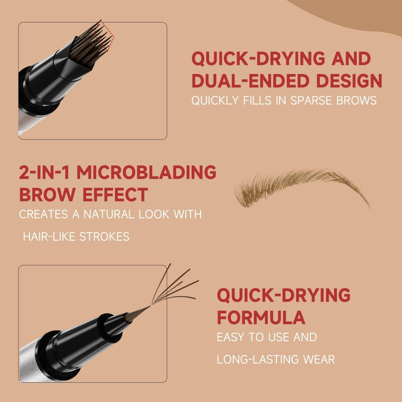 DUDUDU Eyebrow Pen for Women - Dual-Ended Microblading Pen with Multi-Prong Tip & Brow Brush, Waterproof, Creates Realistic 4D Hair-Like Strokes, Long-Lasting Dark Brown