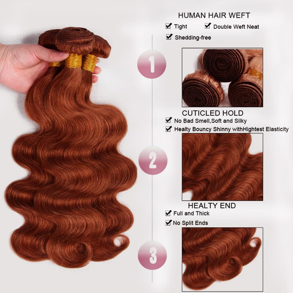 Copper Red Body Wave Hair Extensions - 14 Inch Brazilian Virgin Human Hair Bundles | Reddish Brown Color #33