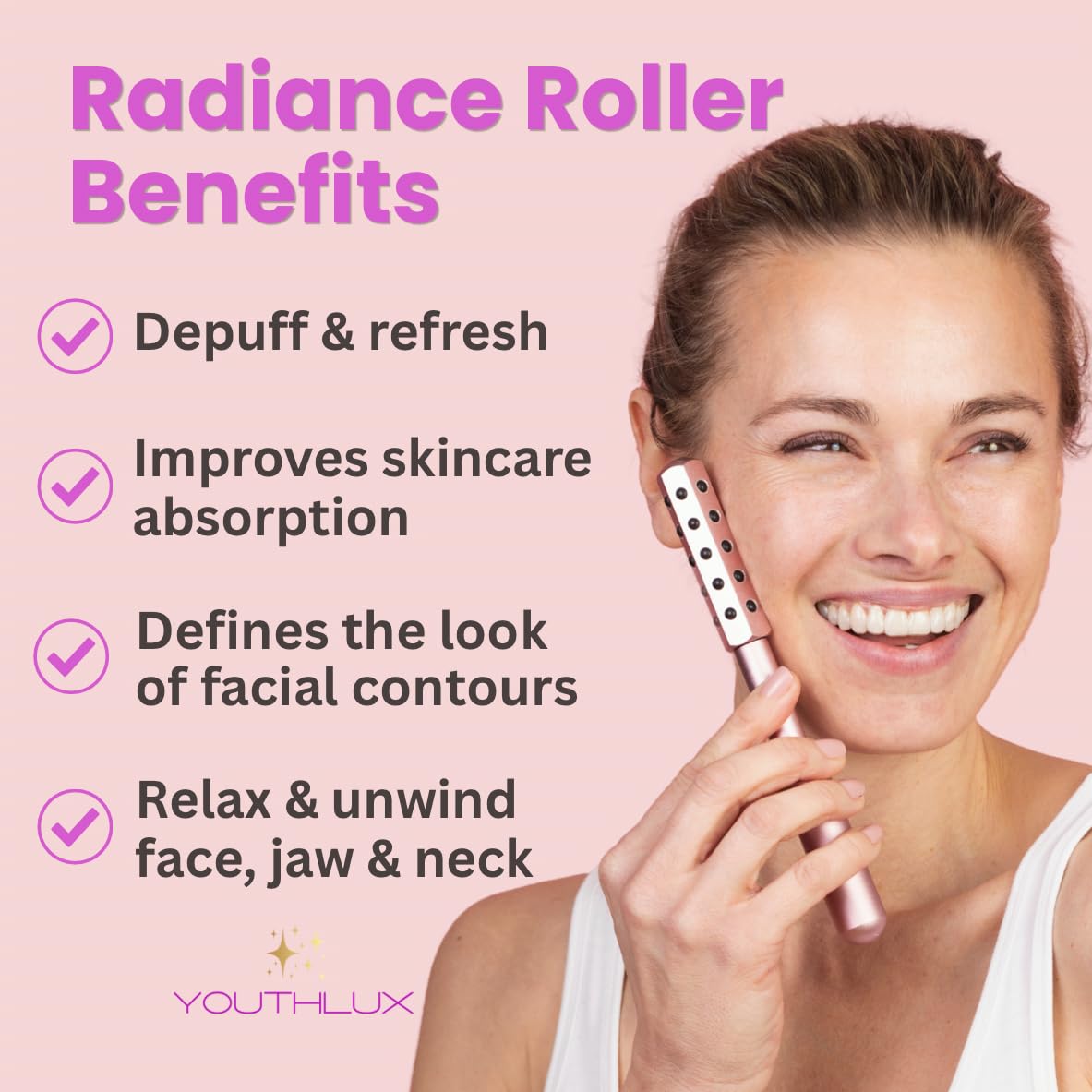 YOUTHLUX Radiance Roller – Germanium Stone Facial Massage Tool/Wand Face Roller for Lifting, Sculpting, De-Puffing, Glow Boost, Energizing & Cooling Effect (Rose Gold)