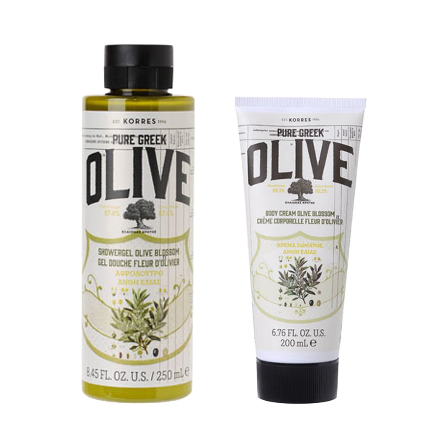 KORRES Greek Olive Blossom Hydrating Body Duo, includes Body Cream 6.76 fl oz and Shower Gel 8.45 fl oz in Olive Blossom scent, 2 Piece Set