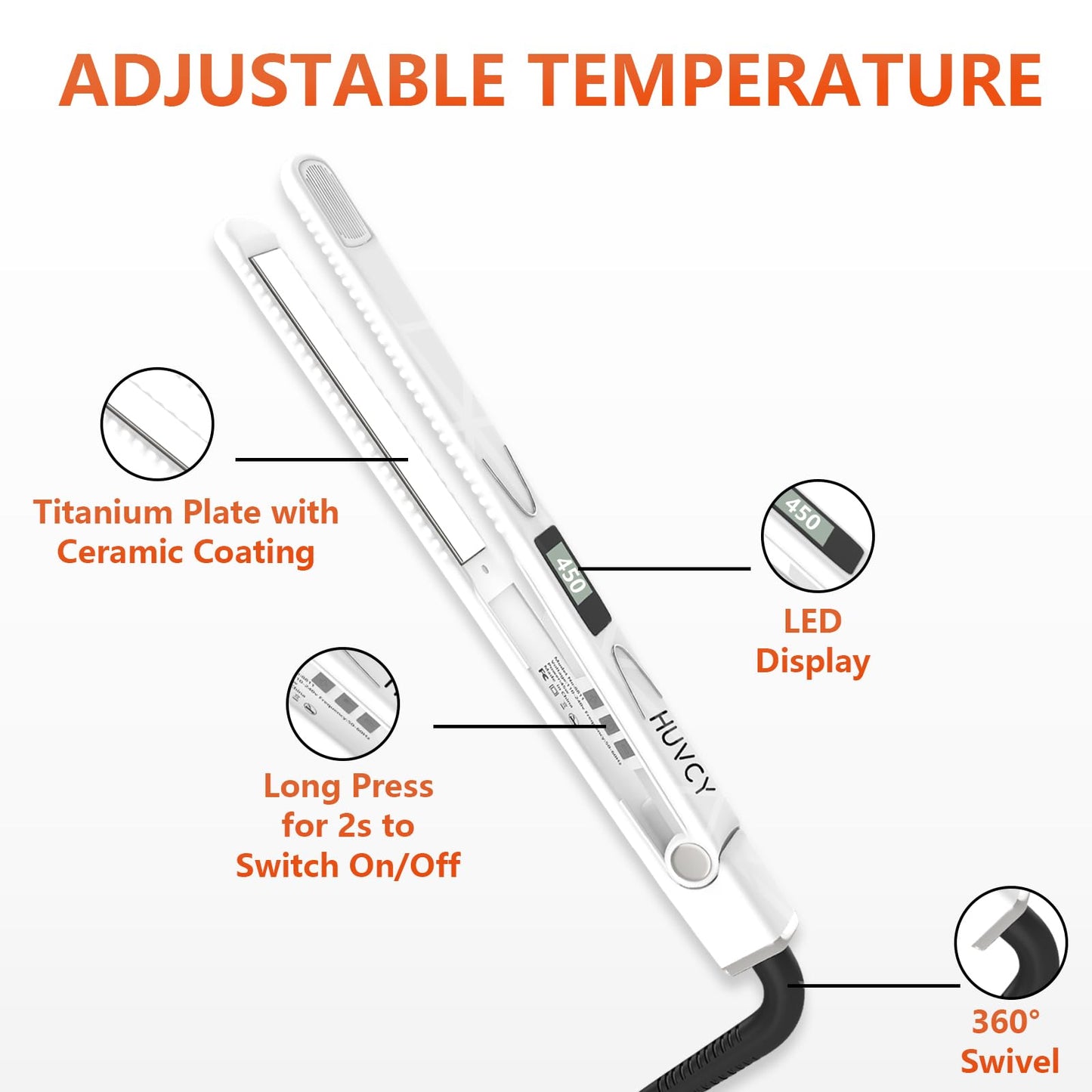 Huvcy 1 Inch Hair Straightener, Fast Heating Dual Voltage Hair Straightening, Flat Iron Titanium Hair Straightener, Reduces Frizz, Makes Hair Shinier and Smoother, White