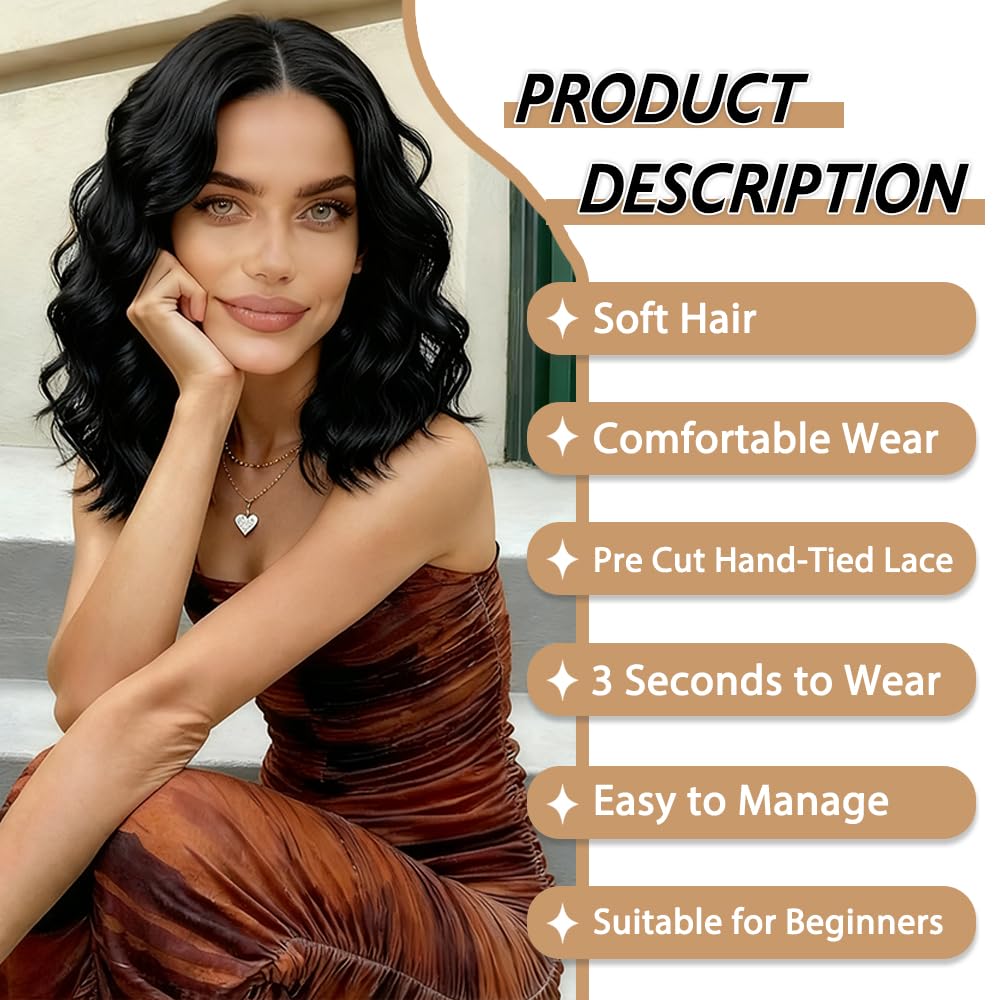 Black Wig for Women Pre Cut Hand-Tied Lace Short Wigs for Women Wavy Natural Hairline Middle Part Hair Replacement Wigs for Beginners 14 Inch Natural Bob Style Synthetic Wig 3 Seconds Wear for Daily