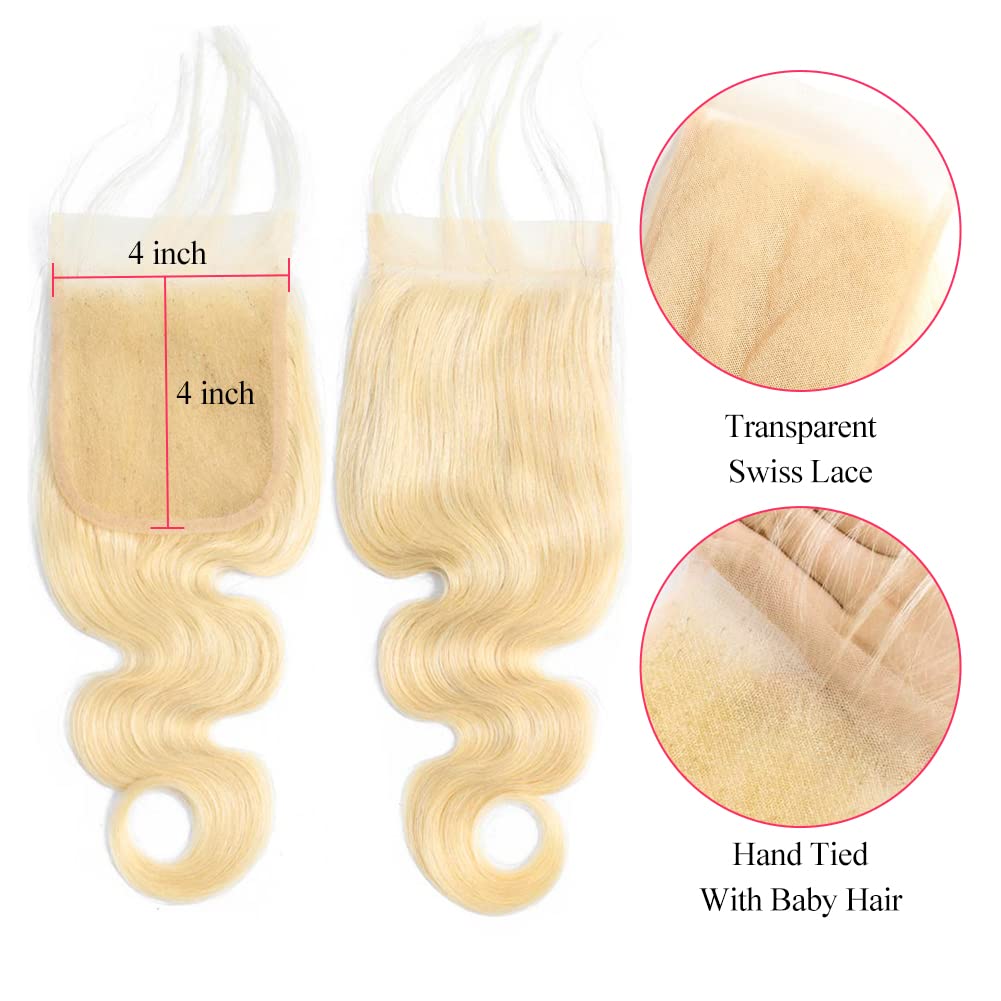 613 Blonde Lace Closure Body Wave 4x4 Invisible Transparent HD Lace Closure Only 12A Virgin Remy Human Hair Closure 100% Russian Blonde Human Hair Extensions Pre Plucked with Baby Hair 16 Inch