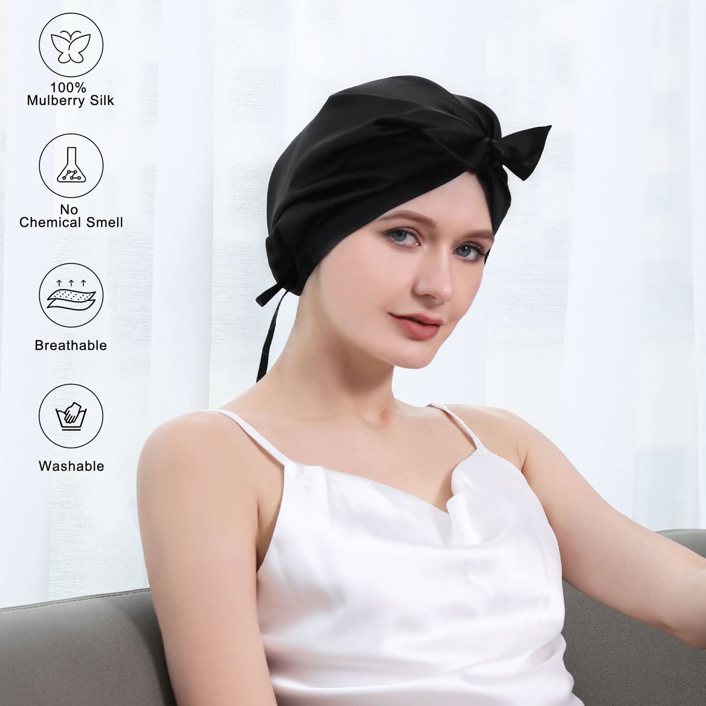 100% Mulberry Silk Bonnet for Sleeping Women, 22 Momme Grade-6A Hair Wrap with Elastic Stay& Tie Band On Head for Hair Care Short Long Curly Hair