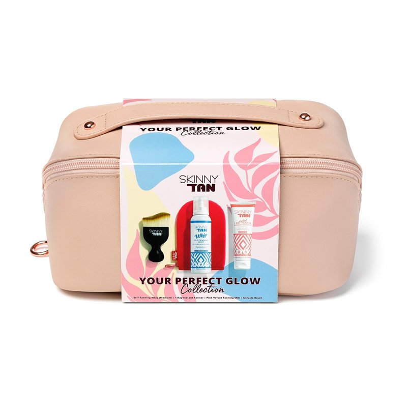 Your Perfect Glow Collection Set by Skinny Tan for Women - 4 Pc Gift Set 5oz Self Tanning Whip, 1oz Day Instant Tanner, Miracle Blush, Pink Velvet Tanning Mit