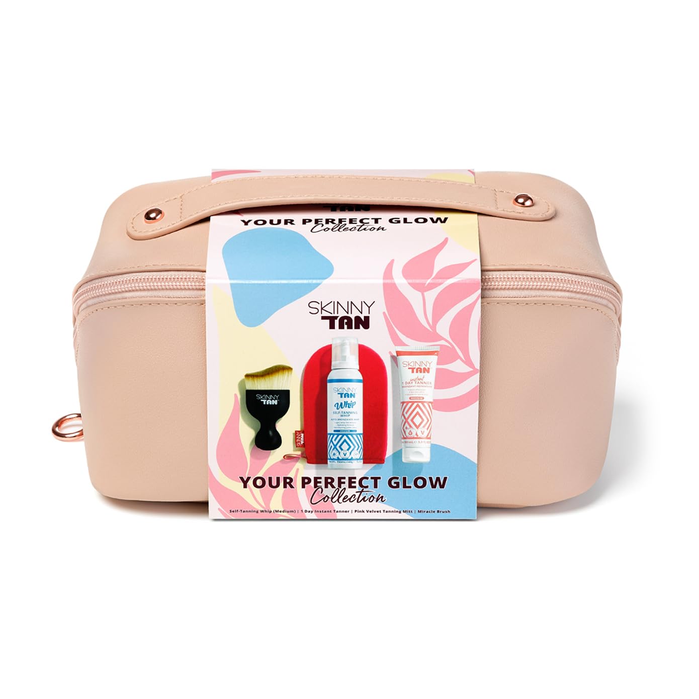 Your Perfect Glow Collection Set by Skinny Tan for Women - 4 Pc Gift Set 5oz Self Tanning Whip, 1oz Day Instant Tanner, Miracle Blush, Pink Velvet Tanning Mit