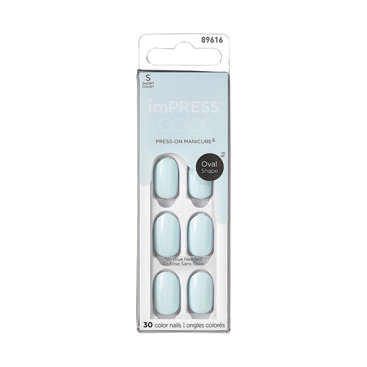 KISS imPRESS Color No Glue Mani 30 Pcs Press On Nails, Light Blue, Short Size, Oval Shape, Simple Peel & Press Easy Apply, Hassel-Free Removal, Essential Tools Included