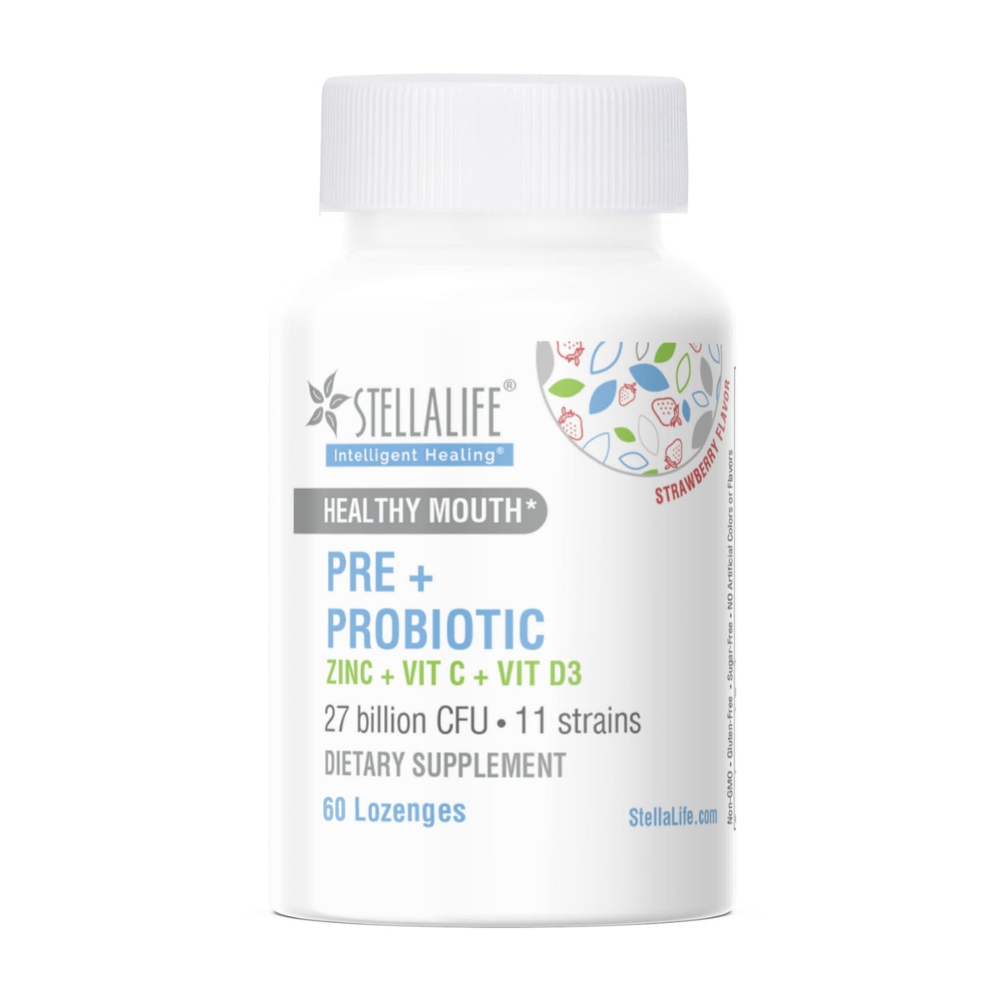 StellaLife Oral Prebiotic & Probiotic Lozenges for Teeth and Gums – 27B CFU, 11 Strains, Dental Probiotic for Bad Breath, Immune Support with VIT C, D3 & Zinc (Strawberry Flavor) 60 Day