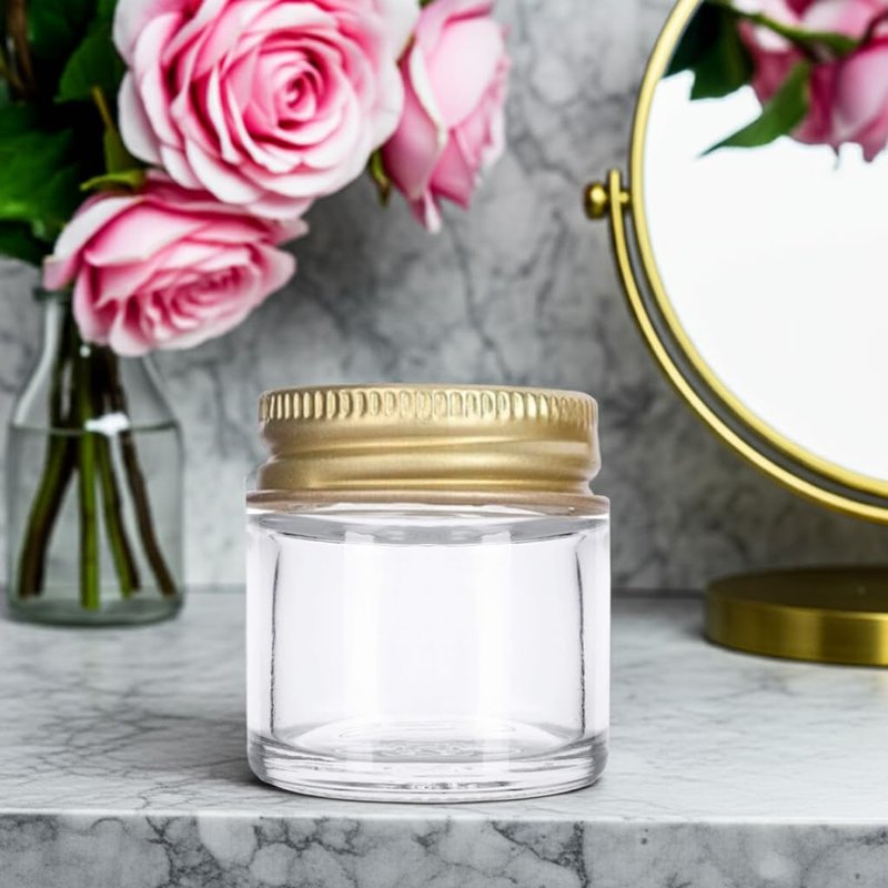 1 oz / 30 ml Clear Thick Glass Jar with Gold Metal Airtight Lid (12 Pack)