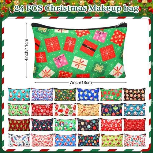 24 Pieces Makeup Bags Bulk Canvas Cosmetic Bags Purse Organizer Zipper Cosmetic Pouch Portable Travel Toiletry Pouch for Women Men Gifts, 7 x 4 Inch (Christmas)