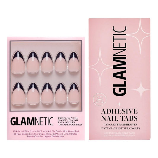 Glamnetic Press-On Nails & Adhesive Nail Tabs - Caviar | Semi-Transparent with Black French Tips, Short Almond Nails, Reusable |