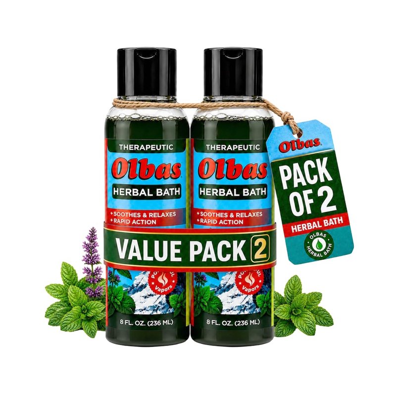Olbas Herbal Bath 2 Pack, 8 fl oz (236 ml) Sore Muscle Bath Soak & Natural Muscle Relaxer Bath, Each Aromatic Swiss Formula with Essential Oils & Chlorophyll, Relaxing Bubble Bath for Men