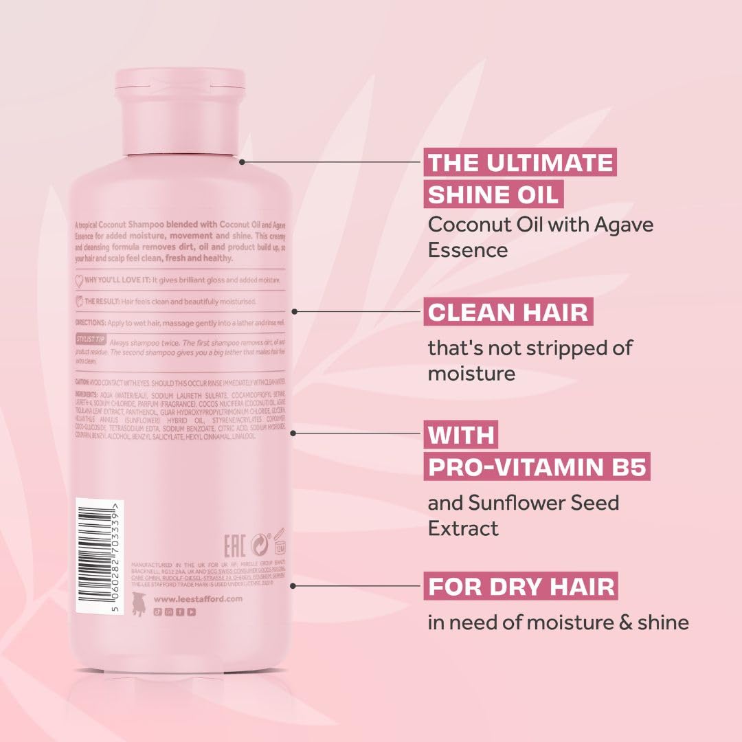 Lee Stafford Shine Shampoo | Coco Loco - Best Moisturizing Lightweight Shampoo for Dry, Dull Hair, Radiant High Gloss Sleek Silk Shiny Finish, Packed with Coconut Oil for Rich Moisture, 250 ml