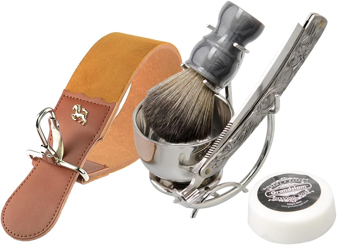 Grandslam Straight Razor Kit - Steel Cutthroat Shaving Set with Leather Strop, Brush & Bowl | Perfect Gift for Men