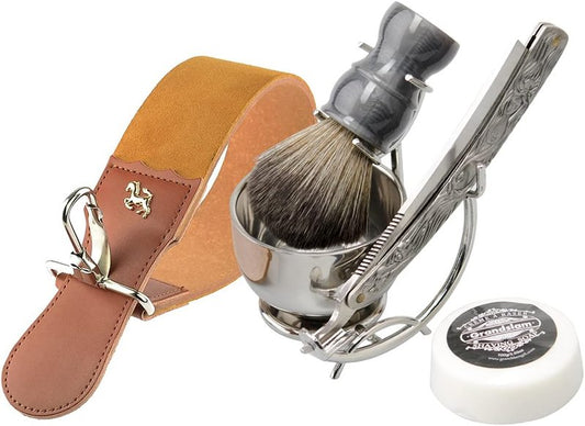 Grandslam Straight Razor Kit - Steel Cutthroat Shaving Set with Leather Strop, Brush & Bowl | Perfect Gift for Men