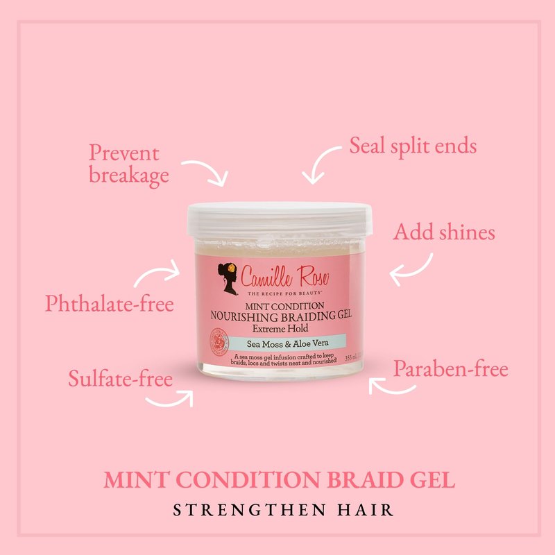 Camille Rose Braiding Gel, Mint Condition – Sea Moss & Aloe Vera Braid Gel for Dry, Itchy Scalp, Flake & Frizz Control, 12 Oz