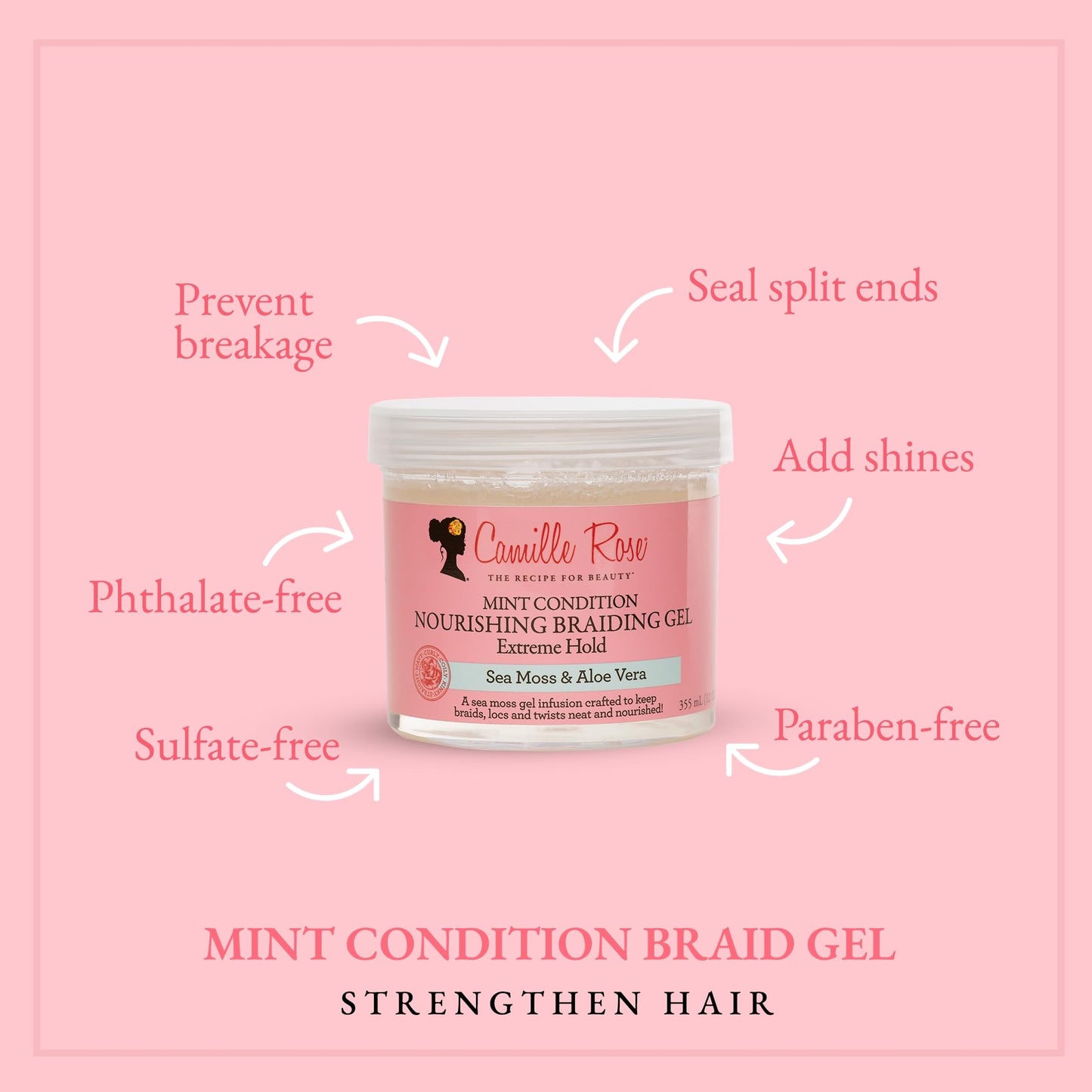 Camille Rose Braiding Gel, Mint Condition – Sea Moss & Aloe Vera Braid Gel for Dry, Itchy Scalp, Flake & Frizz Control, 12 Oz
