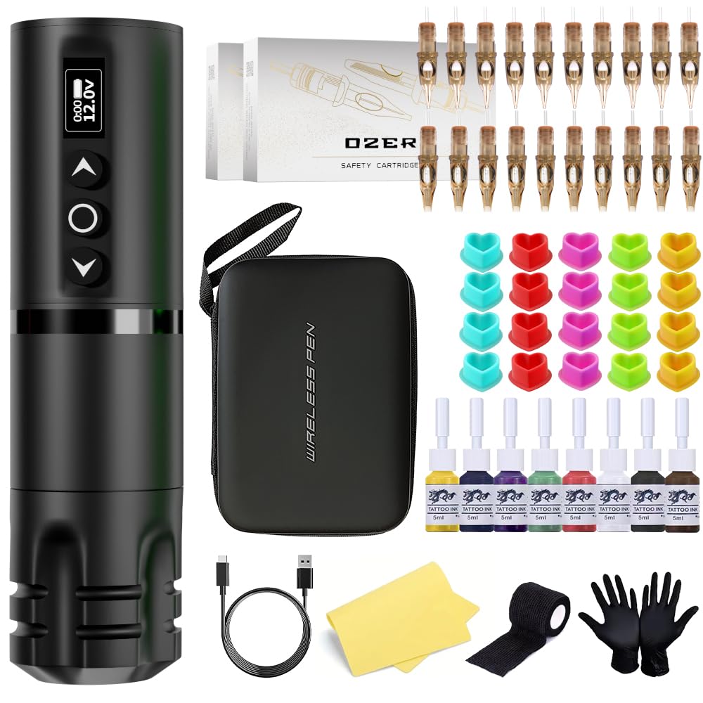 Tattoo Pen Machine Kit, 20 Cartridges & 7 Practice Inks（black）