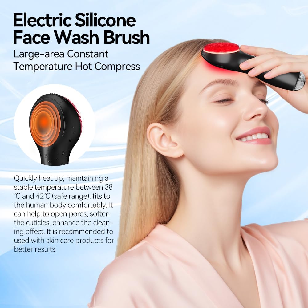 Electric Facial Cleansing Brush - Rechargeable Waterproof Exfoliator with Heat & Vibration | Deep Clean & Massage (Black)