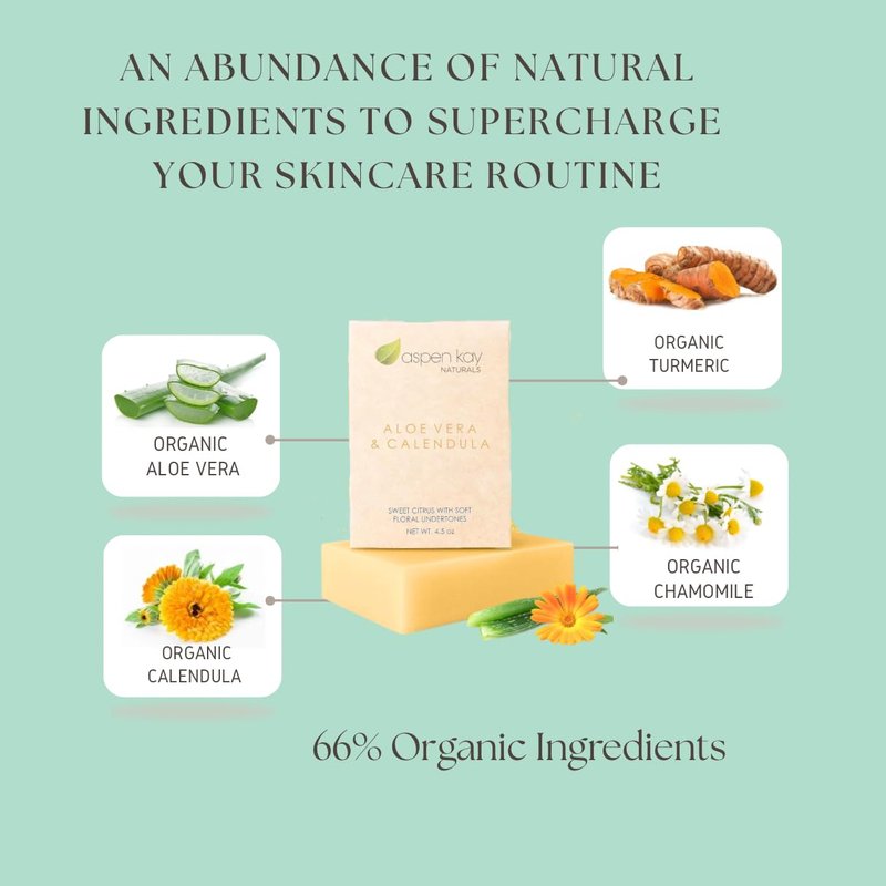 Aspen Kay Naturals Aloe Vera & Calendula Soap, Natural & Organic Ingredients, Organic Aloe Vera, Calendula & Turmeric Soap. Use for Face & Body. for Men, Women & Teens. Gentle Face Wash. (3 pack)