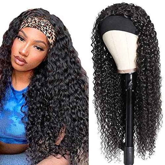 Deep Wave Headband Wig Human Hair 26 Inch Curly Headband Wigs for Black Women Human Hair Glueless None Lace Front Wigs Brazilian Virgin Hair Wig Machine Made 150% Density Natural Black Color