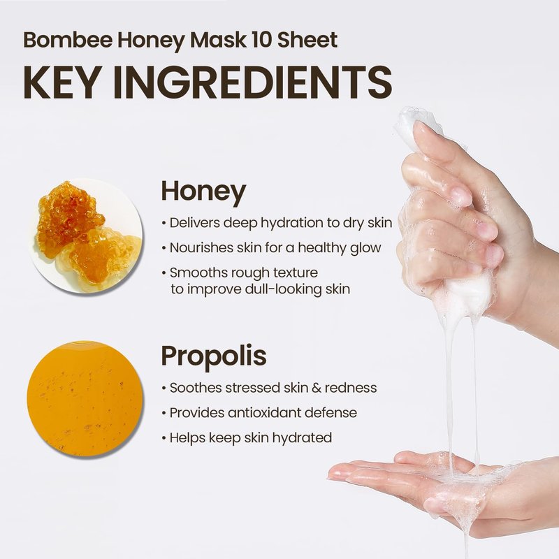 Papa Recipe Bombee Honey Mask Pack 25g * 10 sheets - Sheet Mask, Facial Skin Care, Deep Moisturizing Serum for Dry Skin - Korean Skin Care, K-Beauty, Ampoule Solidified, For radiant skin