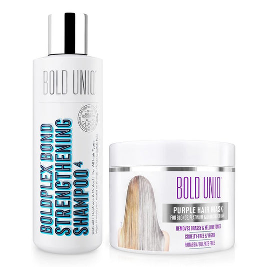 BOLD UNIQ Purple Hair Mask For Blonde, Platinum, Bleached, Silver, Gray, Ash & Brassy Hair & BoldPlex 4 Bond Strengthening Protein Shampoo Bundle - Remove Yellow Tones and Condition Dry, Damaged Hair