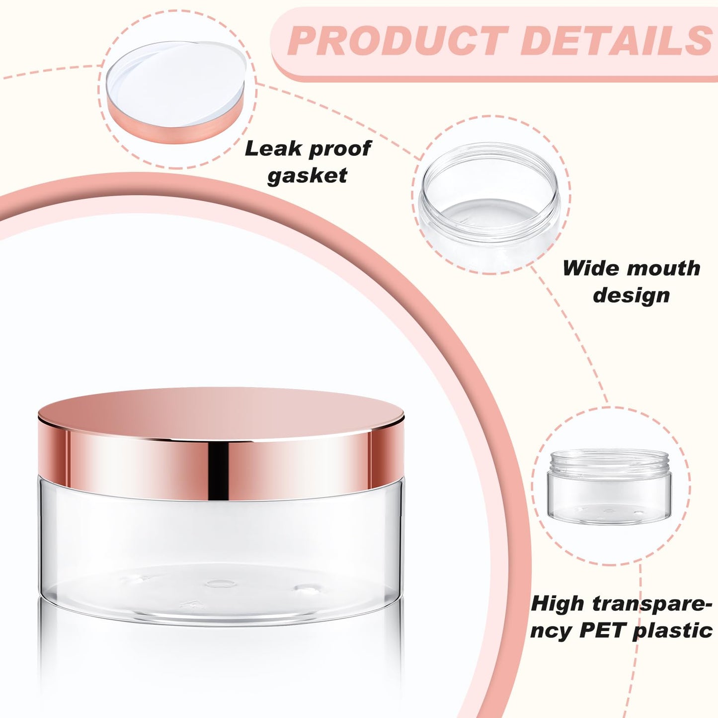Dandat 24 Pcs 2/4/6/8/10/12oz Plastic Clear Jar Container with Rose Gold Lid and Label, Empty Round PET Cosmetic Jars for Lotion, Cream, Body Butter, Makeup (4oz, Clear Jar with Rose Gold Lid)