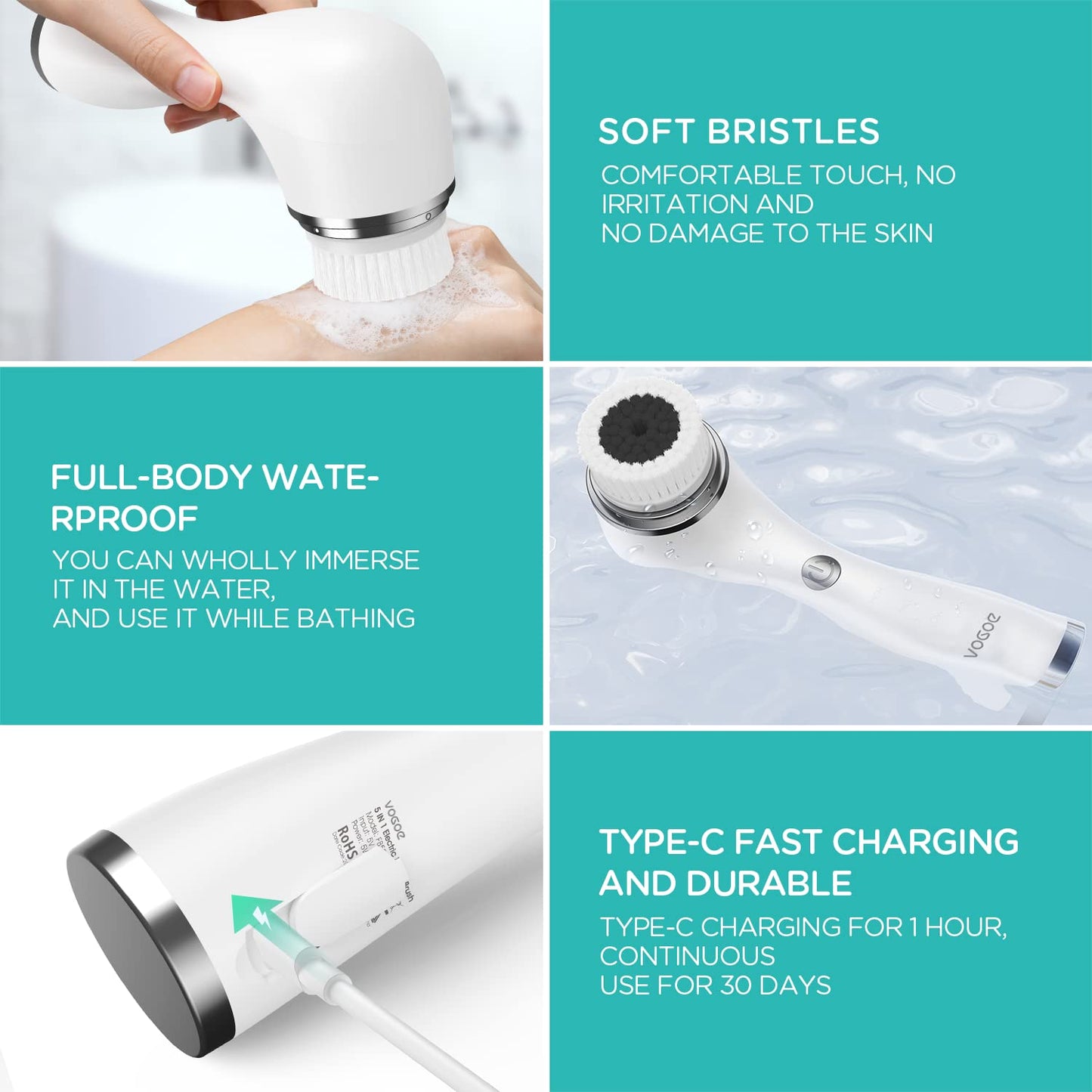 VOGOE Facial Cleansing Brush Rechargeable, Spin Face Wash Brush IPX7 Waterproof Electric Face Scrubber Exfoliator, 3 Speeds & 5 Brushes for Cleansing and Exfoliating, White