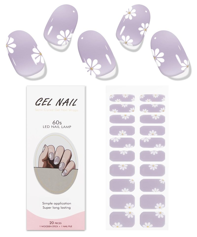 JMEOWIO Gel Nail Stickers White Flower Light Purple Semi Cured Gel Nail Strips Wraps UV/LED Nails Art Design Decoration Accessories