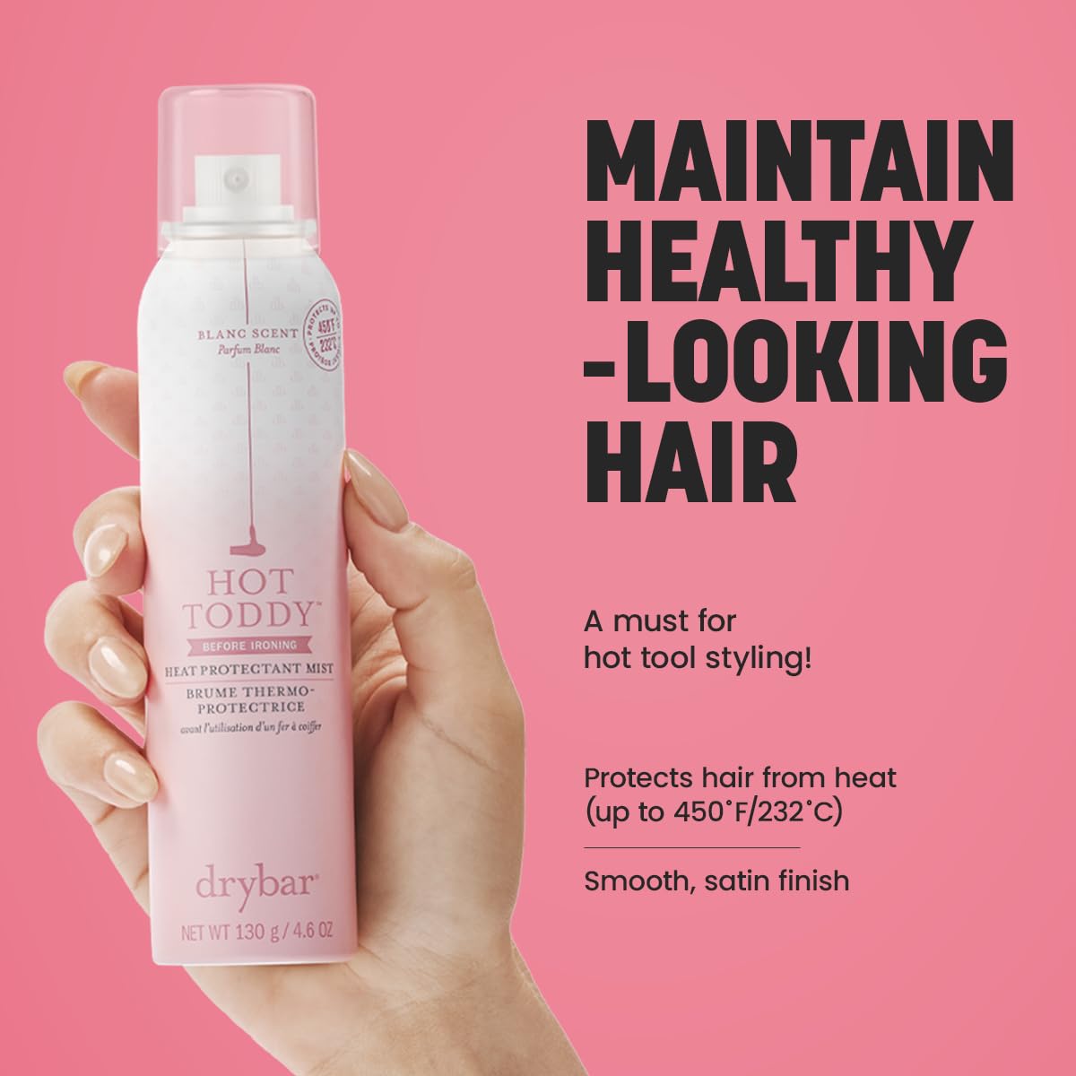 Drybar Hot Toddy Heat Protectant Mist for Hair, Lightweight Formula, Protects from Heated Styling, Straightening and Curling Irons, Blanc Scent, Full Size, 4.6 Oz.
