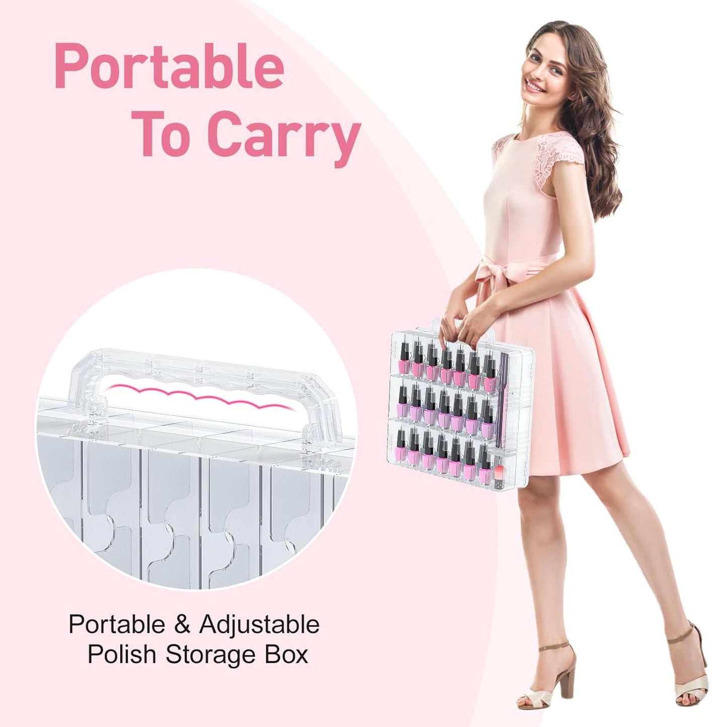 Portable Nail Polish Organizer - 48 Bottle Clear Holder with Adjustable Divider | Double-Sided Storage Case for Nail Techs