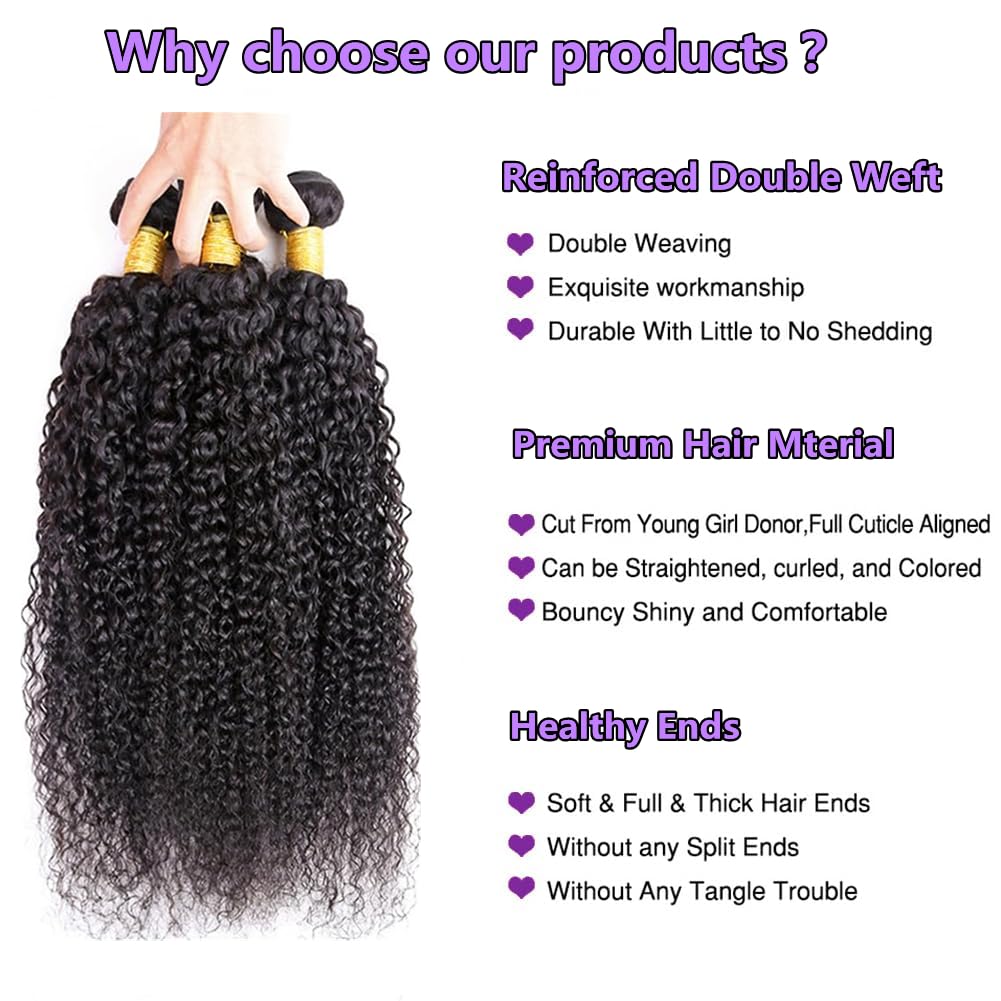 Ladiaryf Kinky Curly Human Hair Bundles Thick Brazilian Virgin Curly Weave Bundles Human Hair 100% Unprocessed Double Weft Natural Black Color Can Be Dyed 100g 18 Inch
