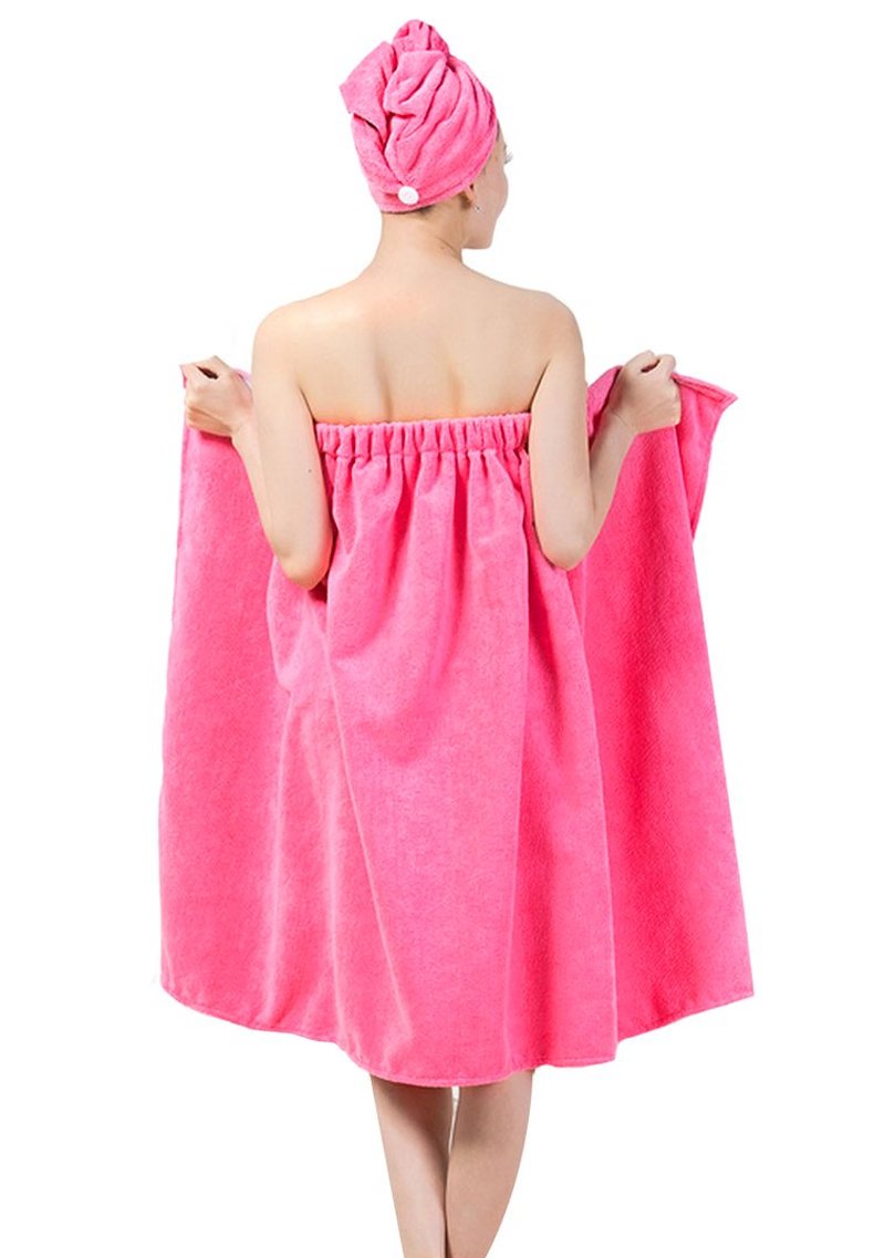 Queena Women Microfiber Bath Towel Wrap & Hair Turban Adjustable Spa Shower Cover Up,Pink