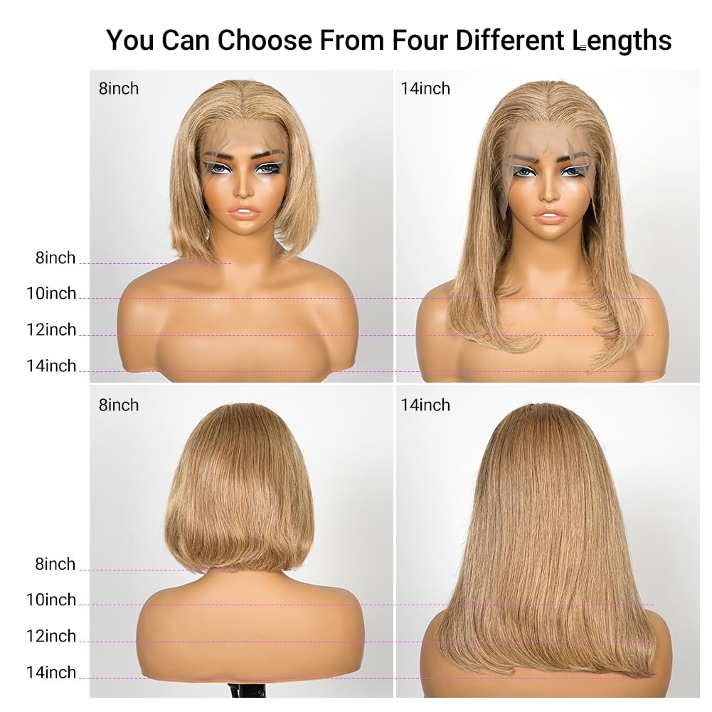 SUPERNOVA #27 Honey Blonde Short Bob Wig Human Hair Straight 13 * 4 Lace Front Wigs For Black Women Pre Plucked Pre Cut Human Hair Bob Wig With Baby Hair 200 Density 8 Inch