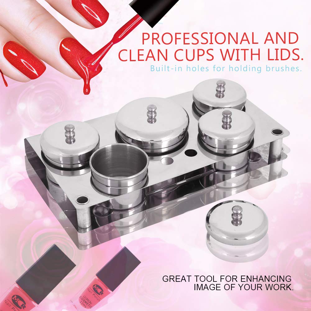 5 x Nail Art Equipment Cup Bowls with Storage Tray, Stainless Steel Acrylic Liquid Powder Cup with Lids Dappen Dish Nail Pen Brush Holder Mini Pot Cans for Glitter Nail Design Equipment Tools