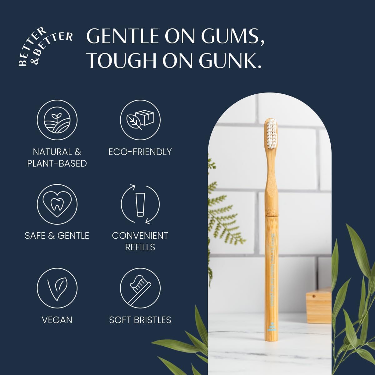 Natural Bamboo Toothbrush - Eco-Friendly, Soft Bristles | 100% Plant-Based, Reusable Handle | Adult Size (Blue, White & Orange)