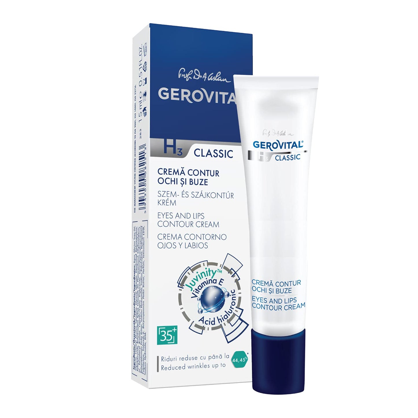 GEROVITAL CLASSIC Anti-wrinkle around Eyes and Lips Lifting Cream with Hyaluronic Acid, Vitamin E and Juvinity™ for Dark Circles, Fine Lines & Wrinkles, 15 ml