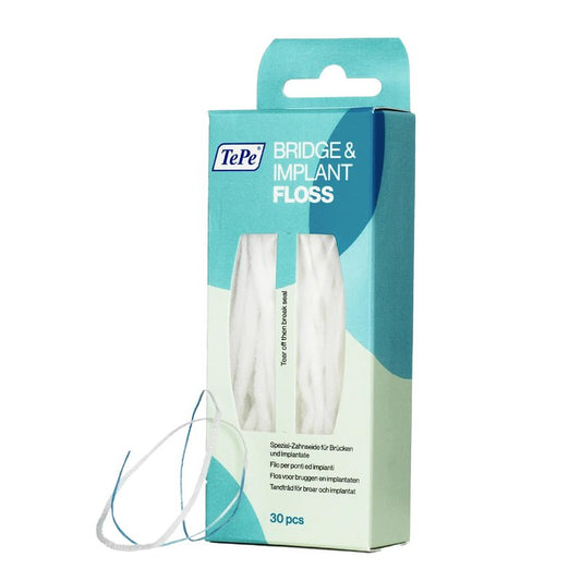 TePe Bridge and Implant Floss for Dental Implants, Bridges, and Braces, Dental Flossers, 30 Pieces