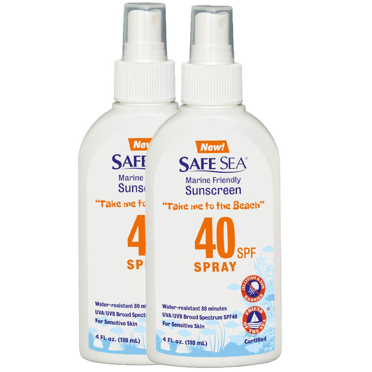 Safe Sea Jellyfish Sting-Blocking Sunscreen, SPF 40+ Spray 4 Fl oz, Waterproof, Biodegradable – Body and Face Sunscreen, Anti-Jellyfish and Sea-Lice sting protection. 2 Pack.