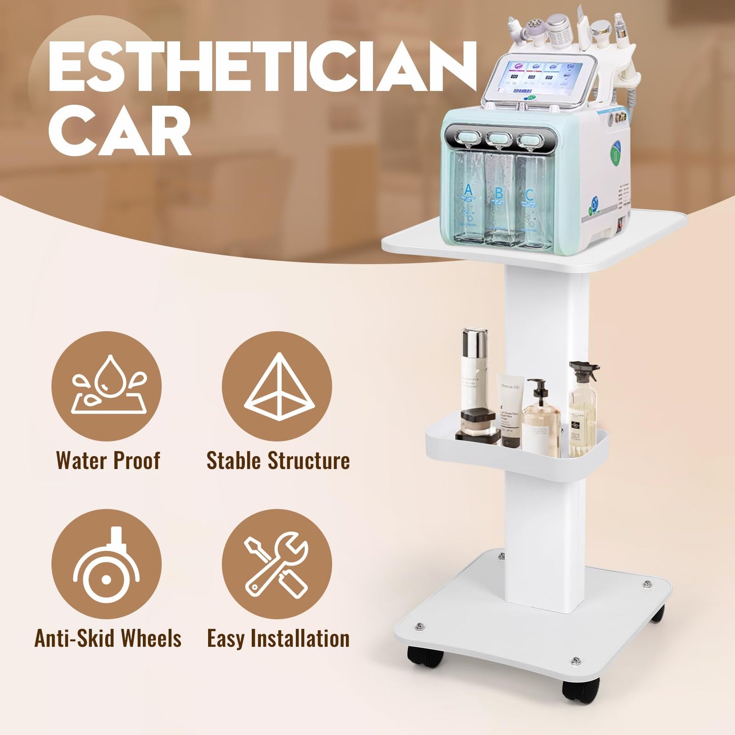 3 Tier Trolley Cart with Wheels - Esthetician Cart for Nail Technicians, Makeup Artists & Hair Stylists，Portable Salon Carts with Storage Basket，Perfect for Spa/Salon/Cosmetology Supplies