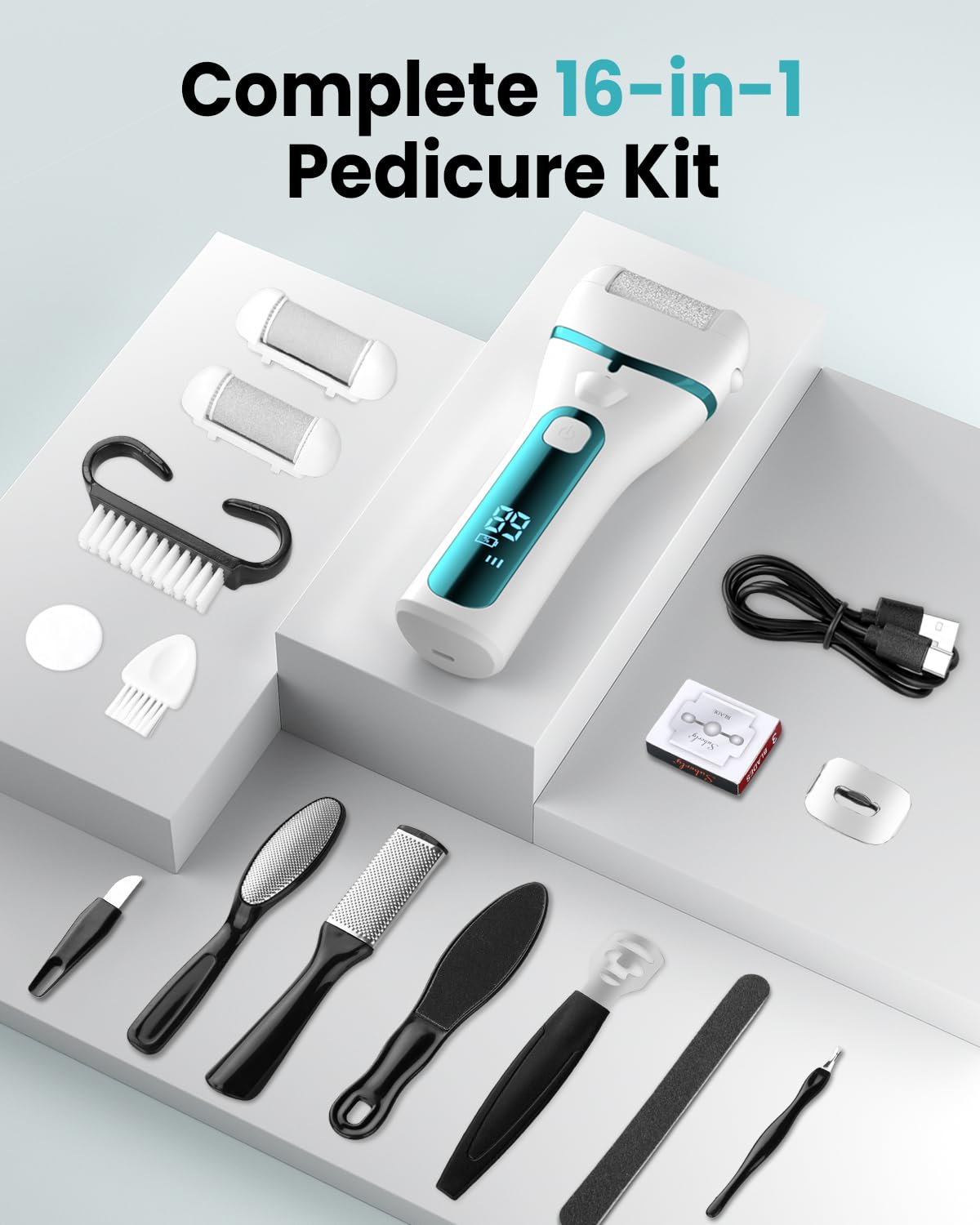 PUBOO Foot Callus Remover Electric 10000 RPM 3-Speed IPX7 Recharge Pedicure Kit for Hard Skin Women & Men Portable Multi-Roller File Grinder Sander Scrubber, LED Display for Wet & Dry Mathers Day Gift