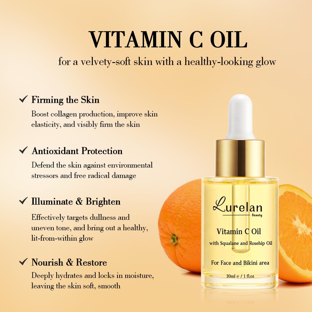 Double Vitamin C Oil - Brightening Face & Bikini Area Oil with Squalane, Rosehip & Vitamin E | Non-Comedogenic, Vegan, All Skin Types