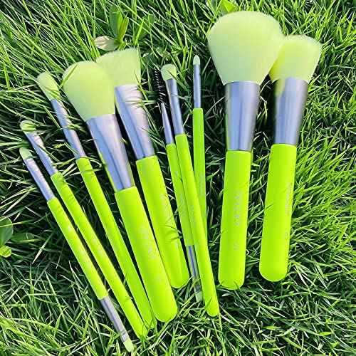 Docolor Makeup Brushes 10Pcs Makeup Brush Set Premium Synthetic Powder Kabuki Foundation Contour Blush Concealer Eye Shadow Blending Liner Make Up Brush Kit - Neon Green