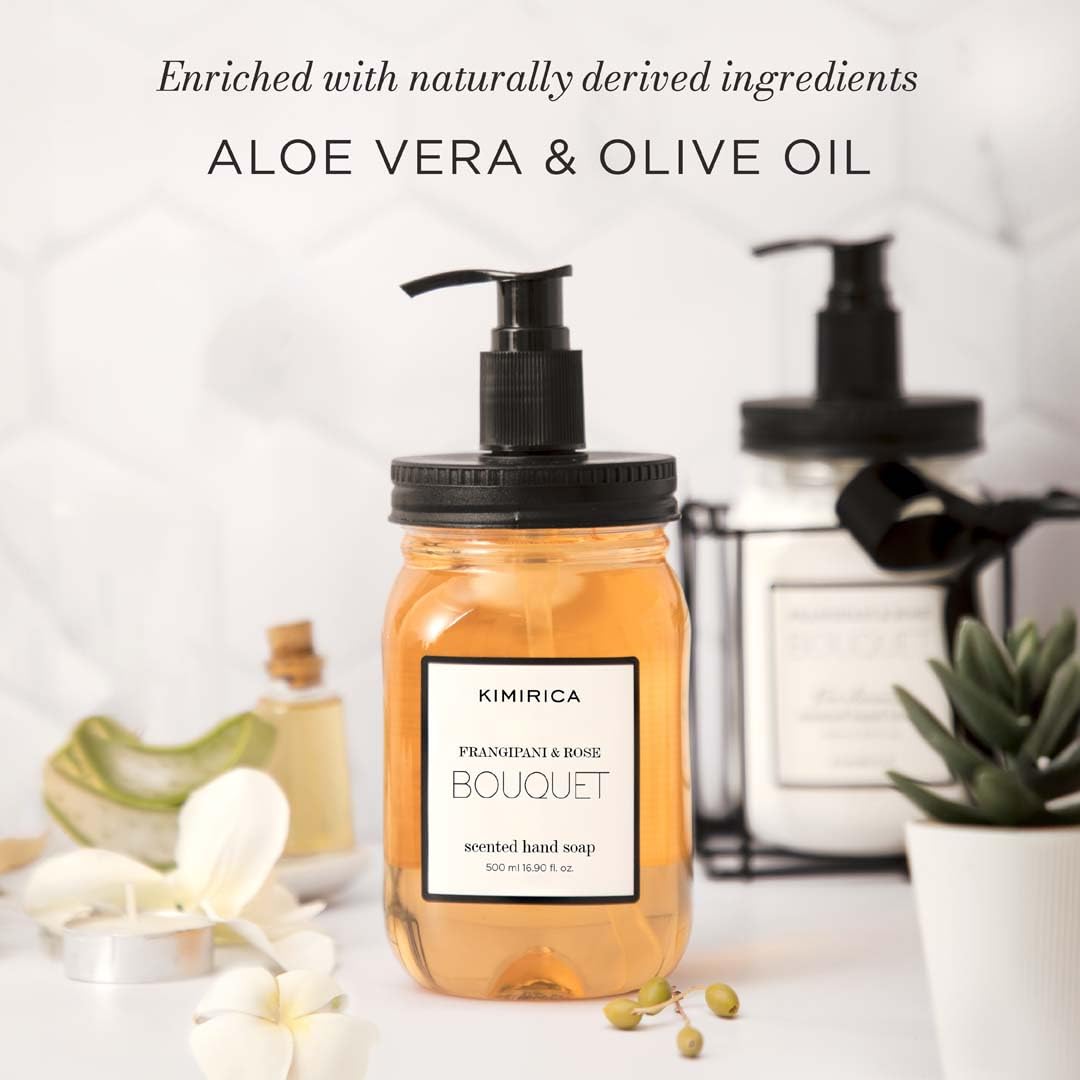Kimirica Frangipani & Rose Scented Bouquet Hand Soap | Keep Hands Clean, Soft and Well Moisturized | Gentle, Natural & Plant Based Formula | 16.91 Fl Oz/500 ml