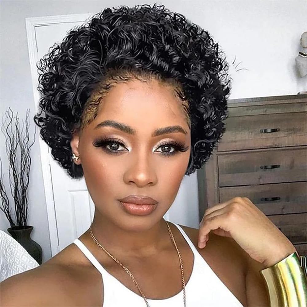 Msviki Short Curly Pixie Cut Wig Human Hair 13X1 UHD Lace Front Wigs For Black Women Pre Plucked Free Part Water Wave Wigs With Baby Hair Wear and Go Glueless Bob 200% Density