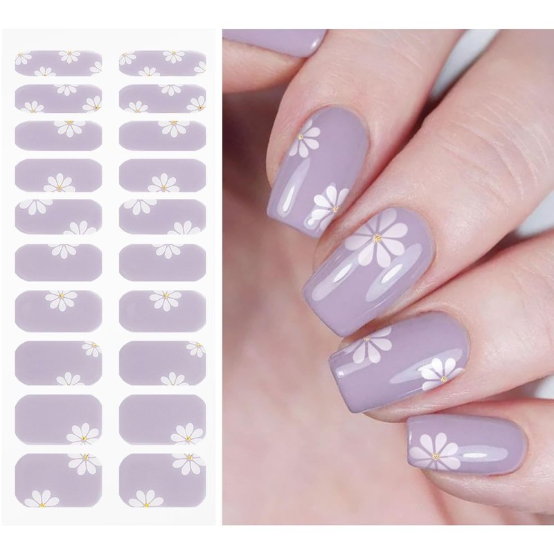 JMEOWIO Gel Nail Stickers White Flower Light Purple Semi Cured Gel Nail Strips Wraps UV/LED Nails Art Design Decoration Accessories